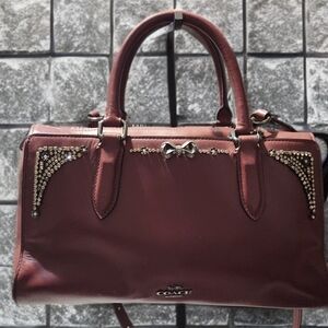 Coach Burgundy Leather Satchel with Crystal Accent
